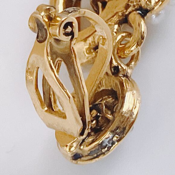 Vintage Y2K Gold Tone Heart Clip On Earrings Pink Blue Rhinestone Faux Pearl - Picture 9 of 12